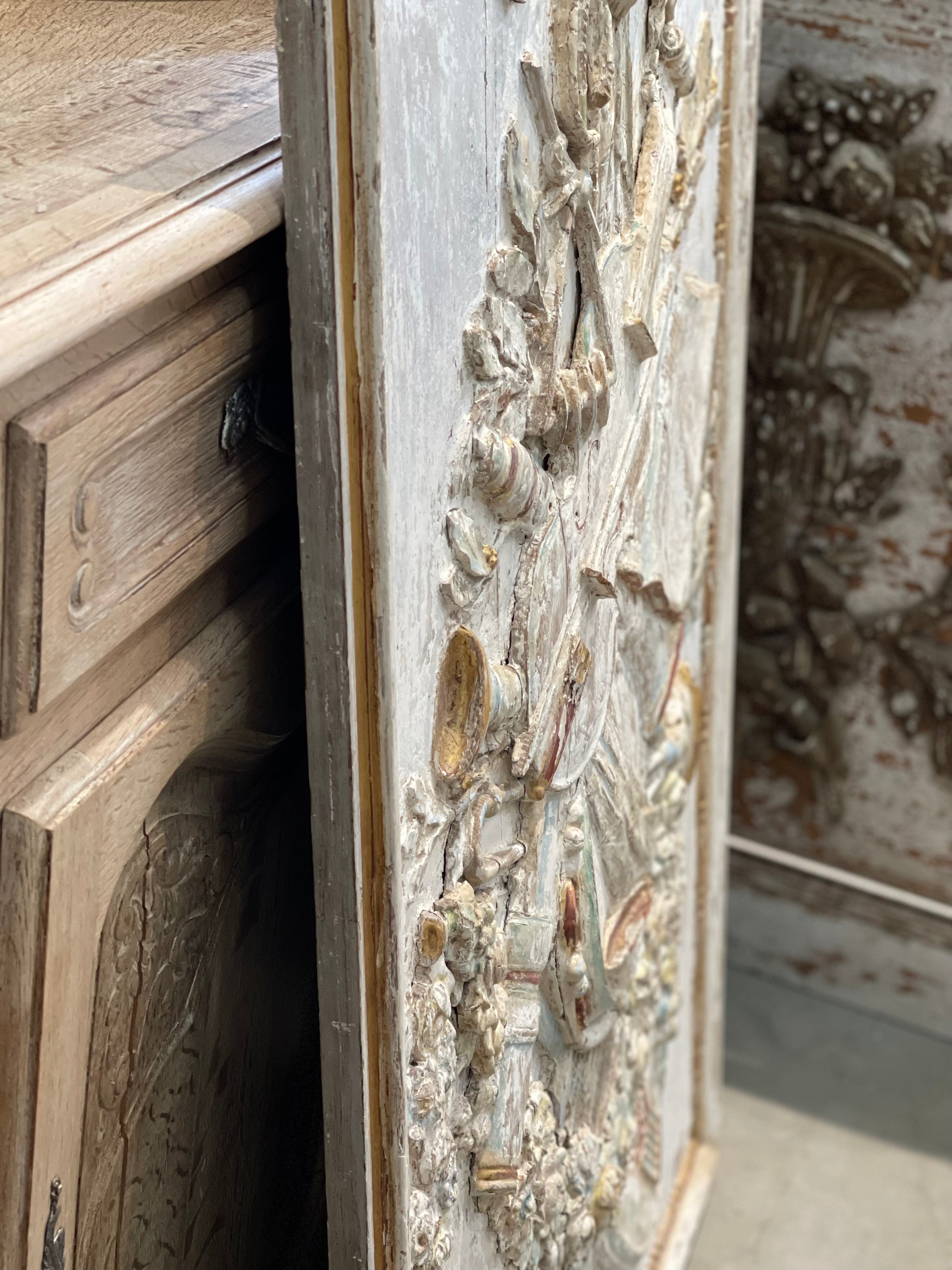 Original Painted Carved Limewood Panel Depicting Musical Instruments - The White Barn Antiques