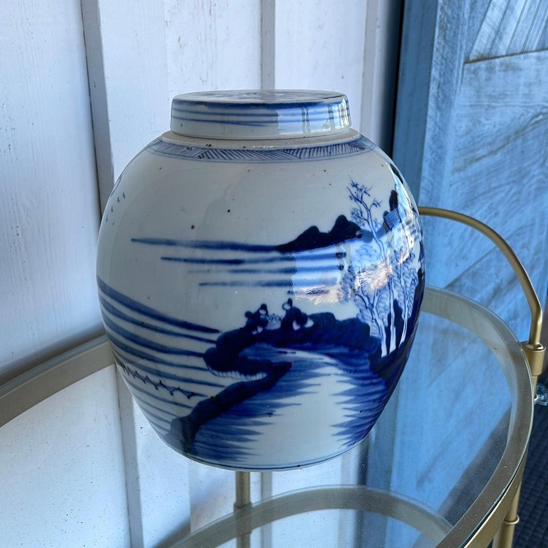 1950s Blue and White Chinese Vase With a Lid - The White Barn Antiques