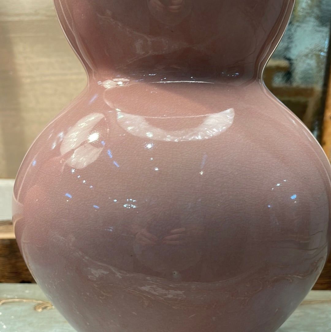 Dusty Rose Pink Double Gourd Lamps with White Shades on Acrylic Bases - The White Barn Antiques