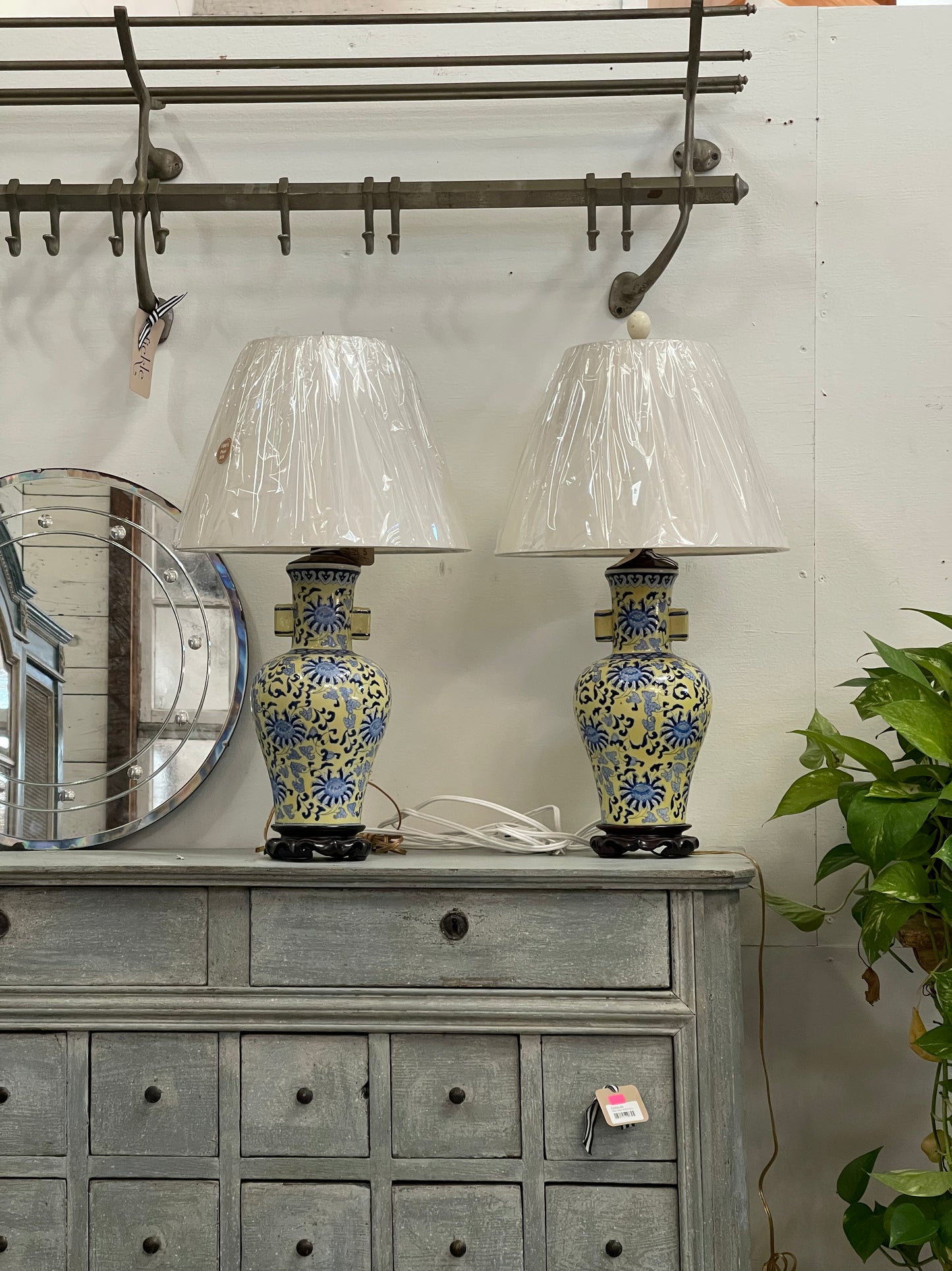 Blue and Yellow Chnoiserie Lamps with New Shades - The White Barn Antiques