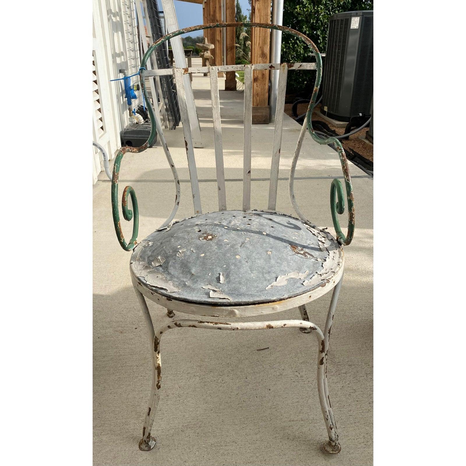 Pair French Bistro Hand Wrought Metal Button Bottom Chairs C. 1880 - The White Barn Antiques