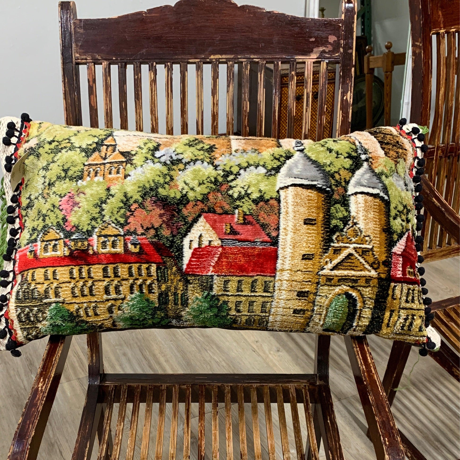 Color Embroidered Pillow with Provencal Scene - The White Barn Antiques
