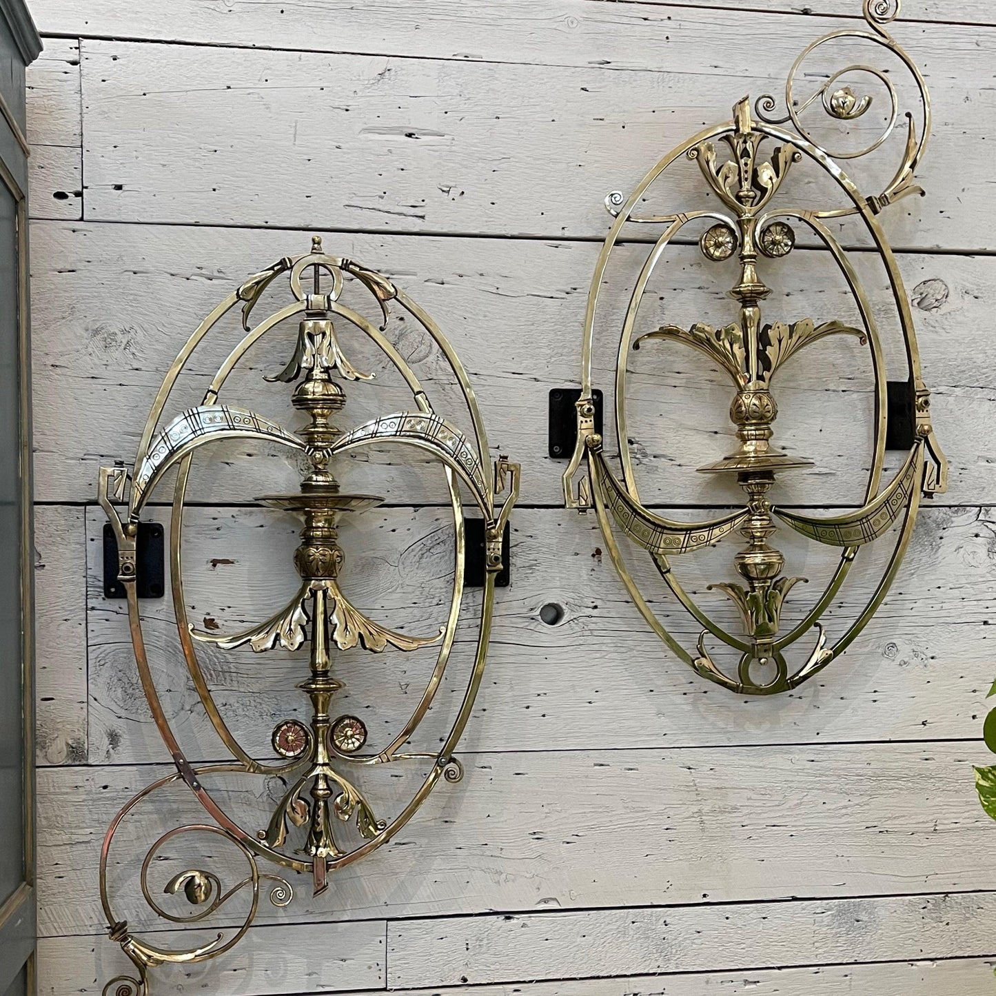 Pair of Decorative Brass Scroll Sconces - The White Barn Antiques