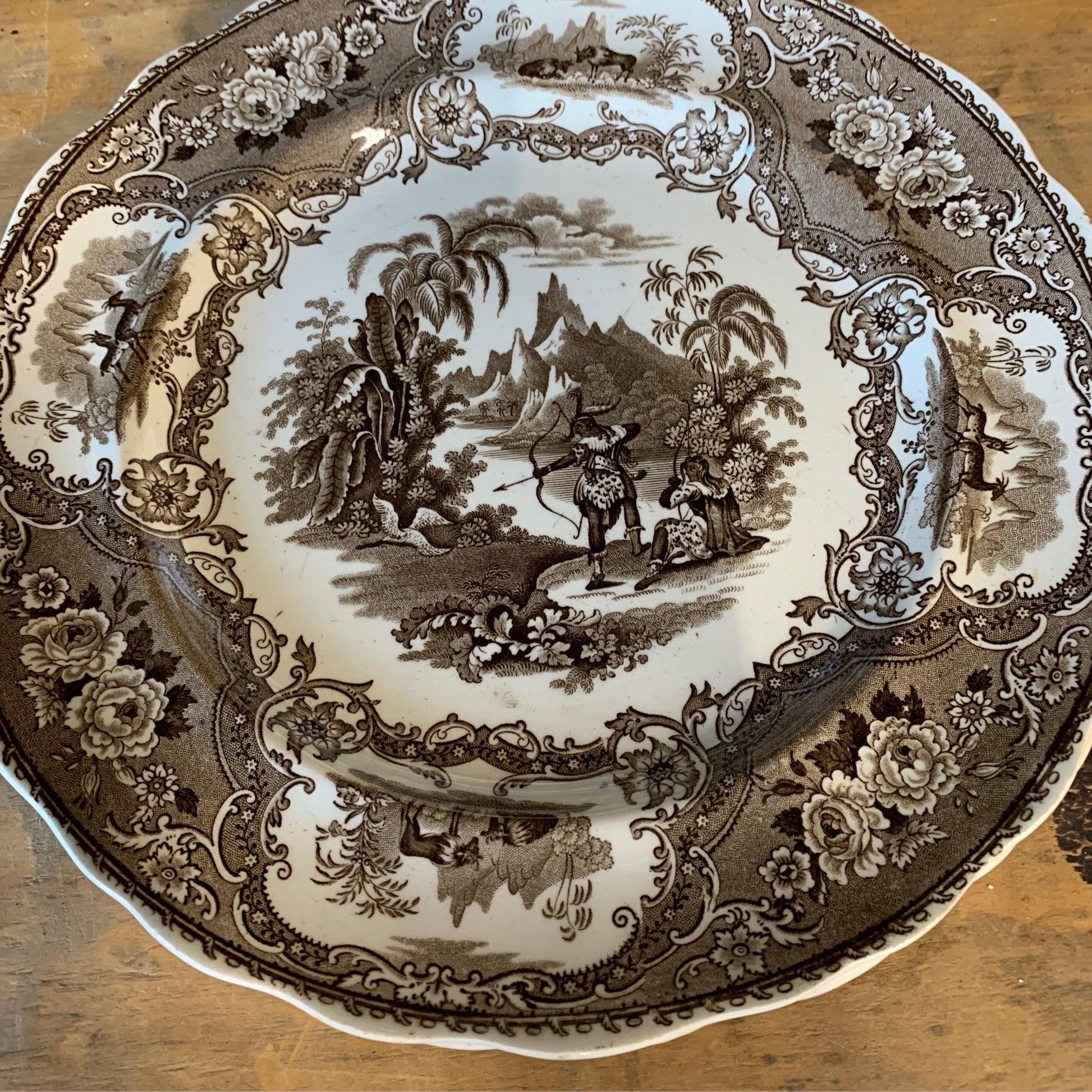 Columbus Plate by William Adams &Son Brown Transferware Circa 1835 - The White Barn Antiques