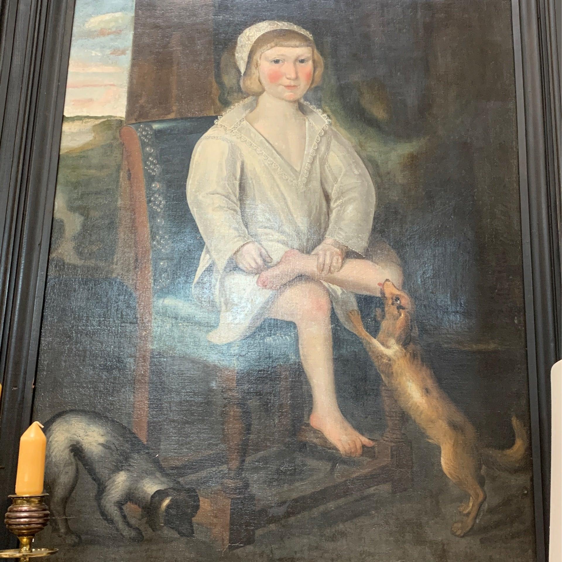 Oil Painting Boy Child with Dogs - The White Barn Antiques