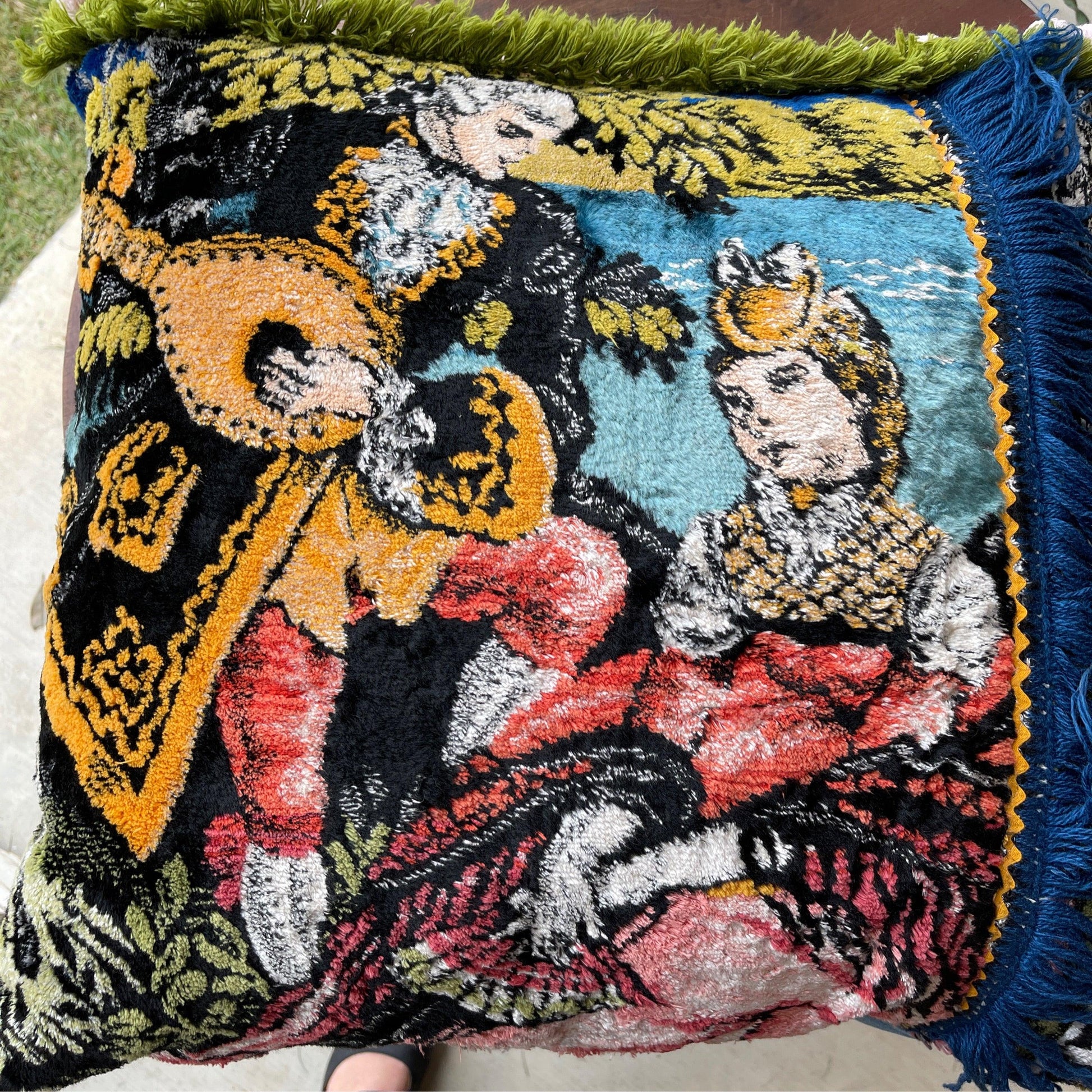 Embroidered Pillow with Man Playing Music to Woman - The White Barn Antiques