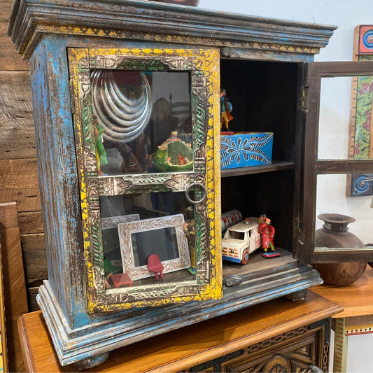 Blue Mexican Chest w/Glass - The White Barn Antiques