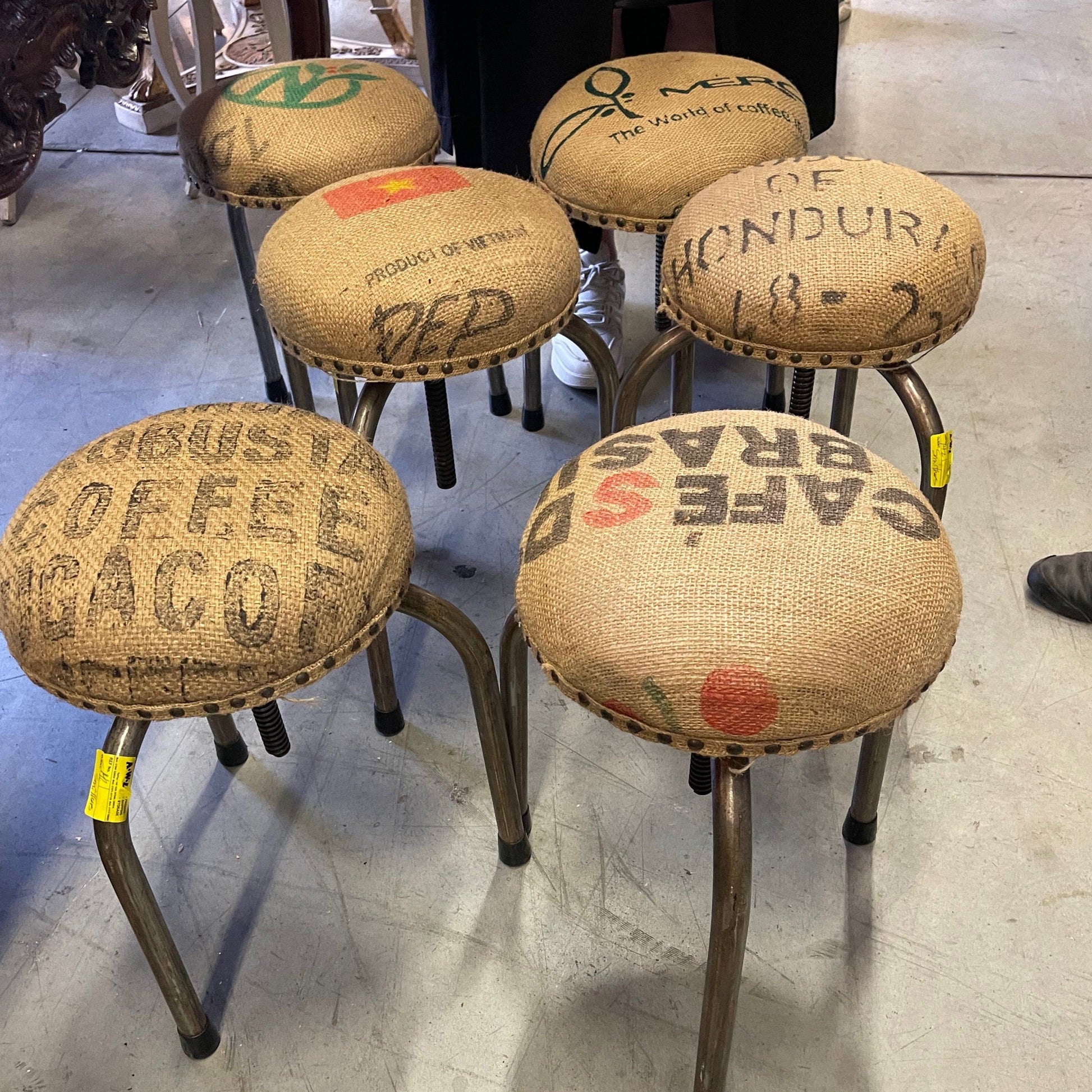 Stool 1950s Covered in Coffee Bag Fabric - The White Barn Antiques