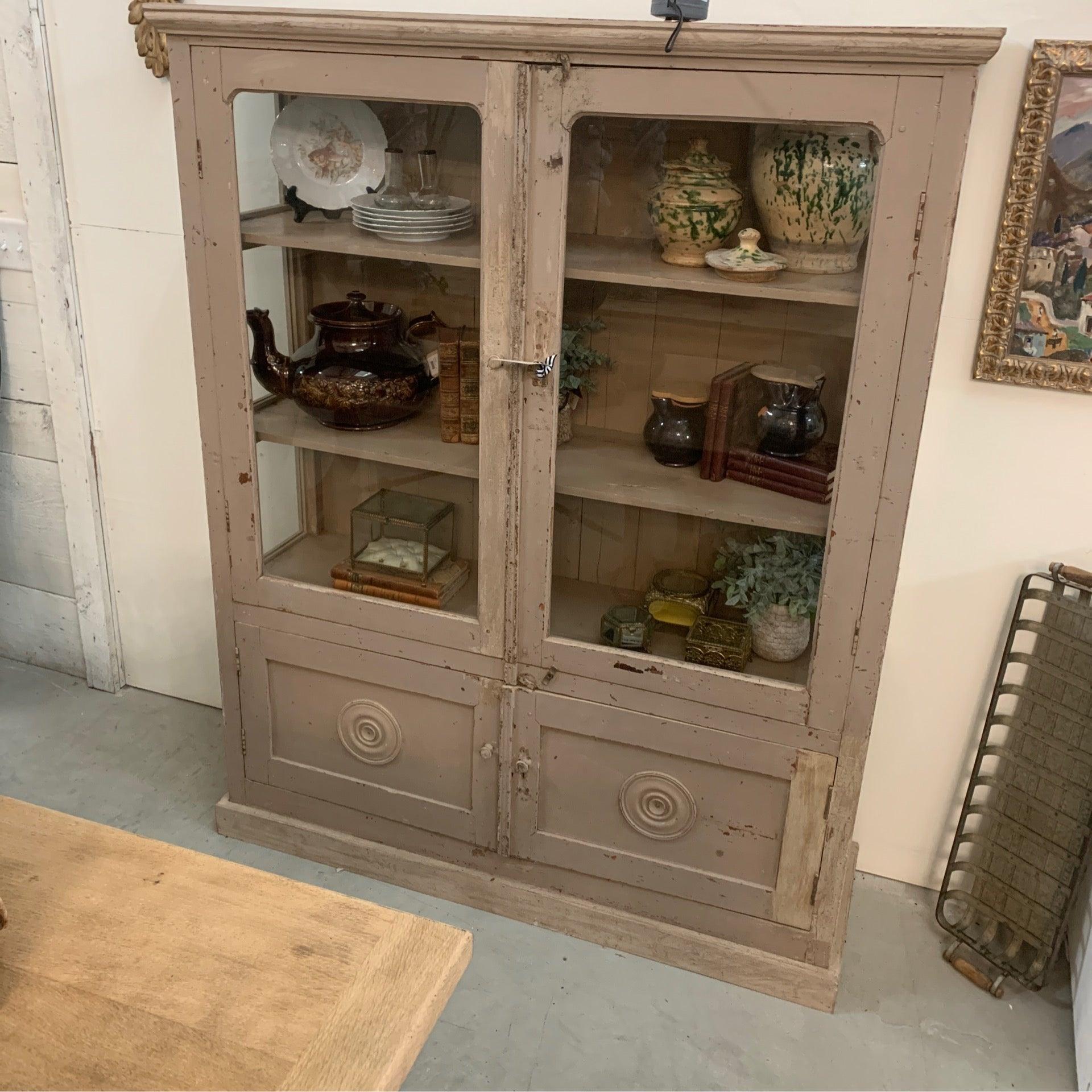 Vintage French Beige Display Case With 2 Glass Doors - The White Barn Antiques